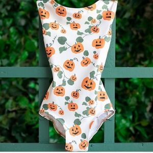 NWT Luckyleo Pumpkin Jack-O-Lantern Ballet Dance Leotard Low Back Womens Large